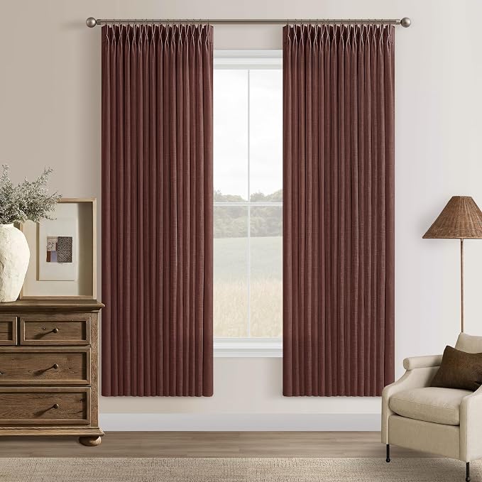 Pinch Pleated Thick Linen Curtains for Closet Cabinet 72 Inches Length Chestnut Brown Semi Sheer Linen Textured Drapes for Living Room Bedroom Rustic Memory Trained Pleat Curtain 2 Panels W50xL72