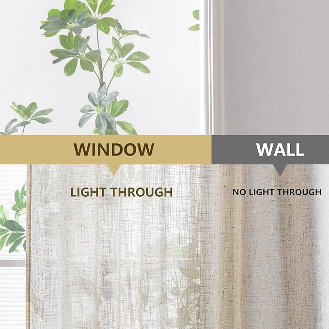MYSKY HOME Linen Curtains 30 Inch Length for Kitchen Window, Semi Sheer Light Filtering Cafe Curtain Tiers Rod Pocket Short Country Decor Drapes for Basement/Small Window, Linen, 2 Panels, 34 x 30 in
