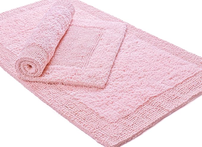 Bedding Craft Cotton Bath Mat Rug 21x34, Reversible Bathroom Rug, Water Absorbent, Machine Washable, Soft Cloth Bathmat for Outside Bathtub, Chalk Pink
