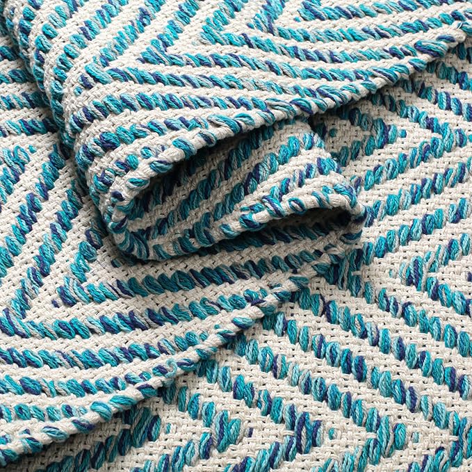 Cotton Chevron Hand Woven Area Rug 2x3 Feet - Teal, Accent Soft Decorative Reversible Floor Throw Carpet Ideal for Entryway, Kitchen, Nursery | Green Small Farmhouse Washable Home Space Décor Mat