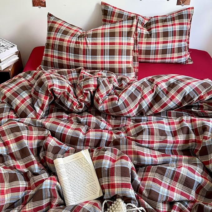 mixinni Vintage Red & Brown Buffalo Plaid Duvet Cover Set Full Size - 3 Piece Washed Cotton Bedding Set with Classic Checkered Pattern, Cozy Farmhouse Duvet Cover with Pillowcases for All Seasons