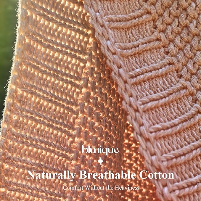 100% Cotton Cable Knit Throw Blanket, Lightweight Soft Knit Blanket for Sofa Couch Bed, Breathable All-Season Throw, Cozy Decorative Blanket, 50 x 60 Inch,Pink