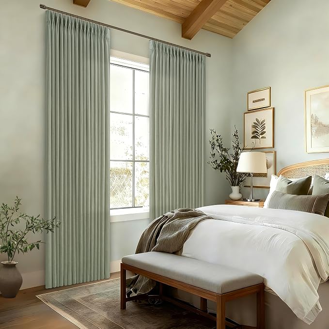 Sage Green Linen Curtains 120 Inches Long Boho Farmhouse Curtain 10 Foot Light Filtering Semi Sheer Back Tab Pinch Pleat Extra Long Curtain for Tall Ceiling Living Room Summer 2 Panels 50 by 120 Inch