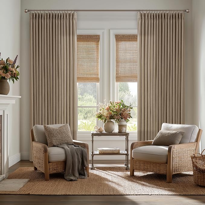 Latte Pinch Pleated Linen Curtains 108 Inch Long Light Taupe Brown Memory Trained Boho Rustic Semi Sheer Burlap Drapes for Track System 9 ft Linen Textured Curtain 2 Panels for Living Dining Room