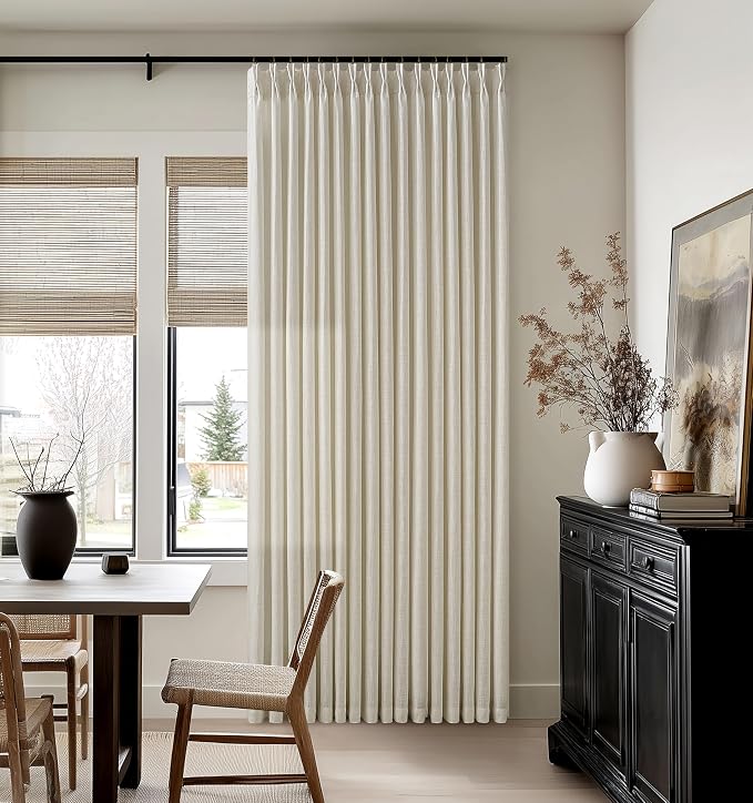 98 Inch Beige Linen Pinch Pleated Curtains 2 Panels for Living Room Bedroom Memory Training Shaped Semi Sheer Light Tan Pinch Pleat Drapes with Hooks Rings Light Filtering Window Curtain 50x98