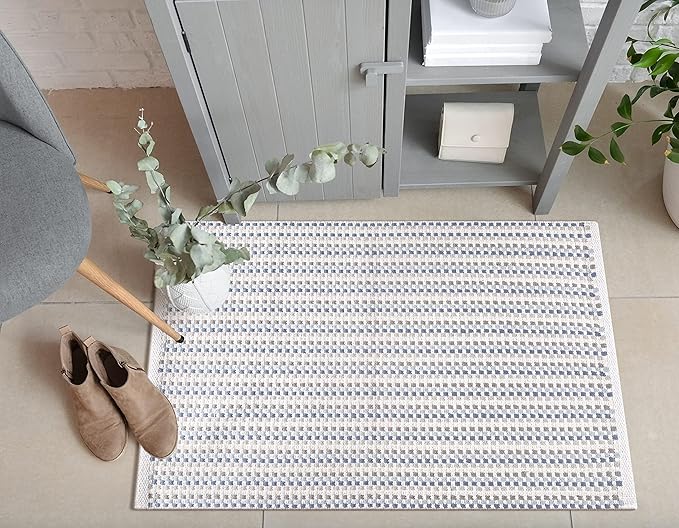 Cotton Chalk Stripe Woven Area Rug 2x3 Feet - Blue, Farmhouse Soft & Durable Decorative Washable Floor Rugs Ideal for Entryway, Bedroom, Kitchen | Geomatric Pattern Nersery Space Reversible Door Mats