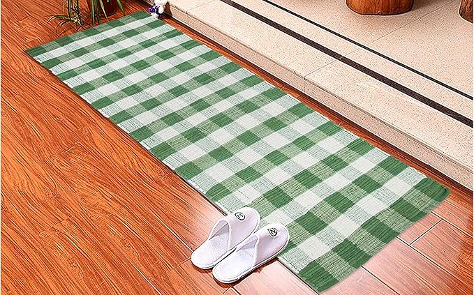 GLAMBURG Cotton Reversible Area Runner Rug 2' x 6' for Bedroom Living Room Kitchen Hallways Front Porch Laundry Room, Handwoven Farmhouse Floor Mat, Washable Checkered Plaid Runner Rug Green White
