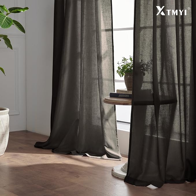 XTMYI Brown Linen Curtains Drapes for Living Room Bedroom 108 Inch Curtains Long 2 Panels Semi Sheer Window Treatments for Dining Room