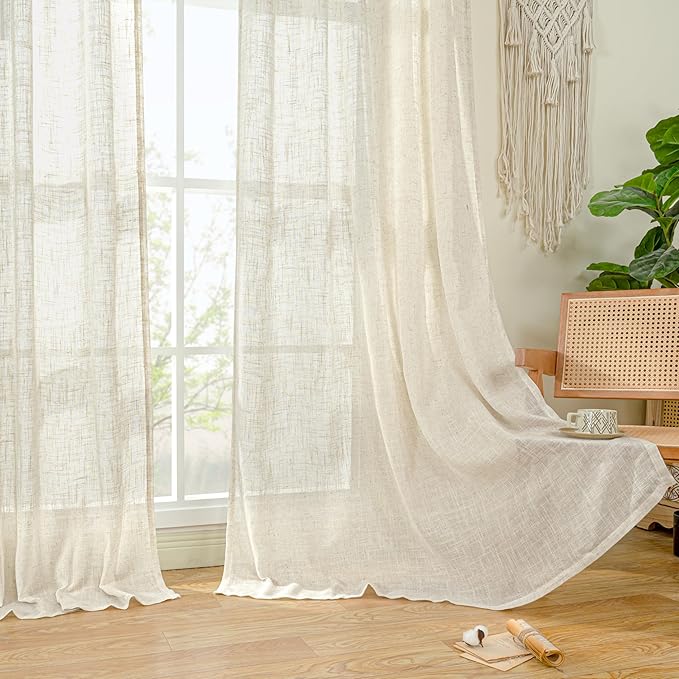 LAMIT Natural Linen Semi Sheer Curtains 48 Inch for Bedroom, Light Filtering Neutral Window Curtains Farmhouse Boho Back Tab and Rod Pocket Panels, Natural Cream Ivory, 2 Panels, 52 x 48 Inch