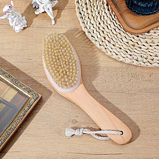 8 Pcs Dry Brushing Body Brush, Body Scrub Brush Natural Boar Bristle with Contoured Wooden Handle for Back Legs Feet Exfoliates Dead Skin