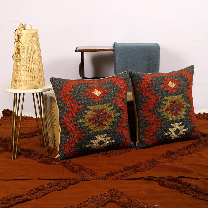 Trade Star Set of 2 Kilim Cushion Covers Throw Pillow Cover 70% Jute 30% Wool Pillows Handwoven Pillowcase 18x18 Inches Designer Handloomed Rug Decorative Cushion case (Kilim 19)