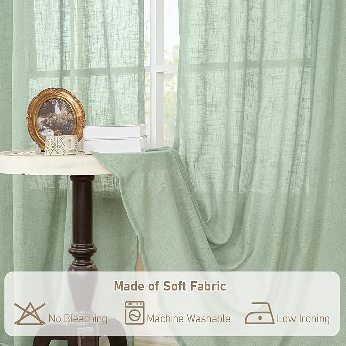 LAMIT 36 Inch Length Linen Curtains for Small Windows, Semi Sheer Light Filtering Panels Back Tab and Rod Pocket Neutral Drapes for Basement/Window/Loft Room, Fresh Green, 2 Panels, 34 x 36 Inch