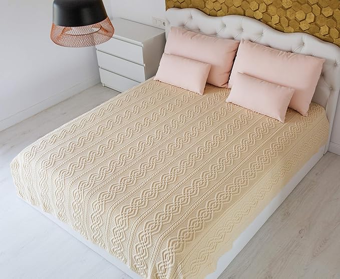 SAOL King Size Bed Irish Aran Throw Blanket 100% Super Soft Merino Wool 92x78 Inches (Natural)