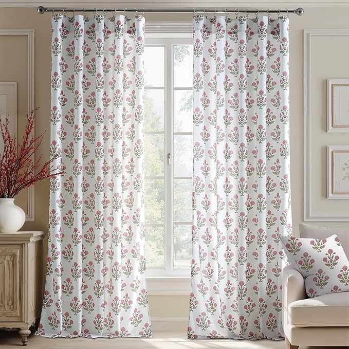 NICETOWN Floral Linen Curtains 84 inches Long Pink Pattern Printed for Girls Bedroom Nursery, Boho Farmhouse Window Sheer Curtain Drapes Aesthetic Light Filtering Privacy 2 Panel Sets, 55" W