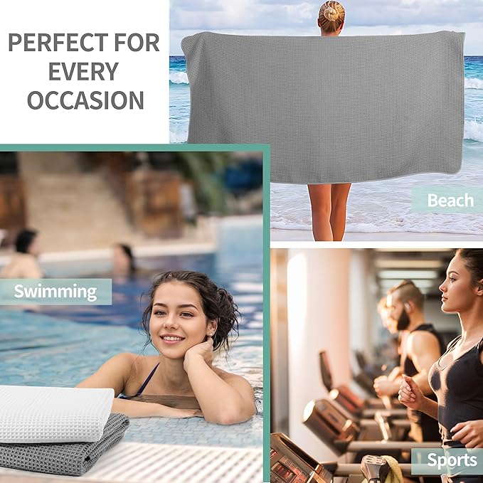 MICROFI New Microfiber Waffle Bath Towels, 2 Pieces, Oversized, Soft, Absorbent, Fast Drying, Lint Free 430 GSM (Gray+White)