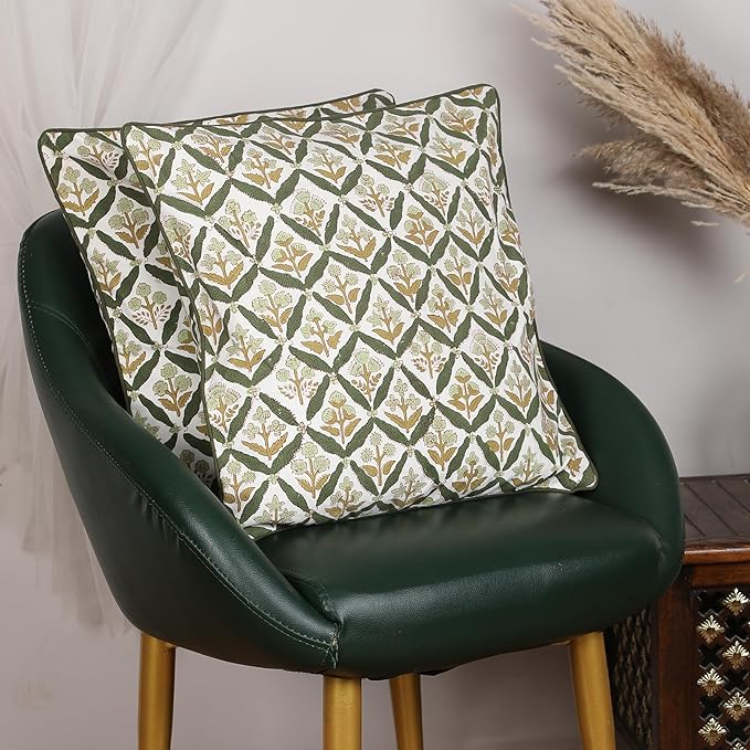 SheetKart Pure Cotton Throw Pillow Covers - Set of 2 - Hand Block Pure Cotton Printed Boho Decorative Pillow Covers - Cushion Covers for Living Room, Bohemian Theme, 18 x 18 Inches, Sagewood Olive