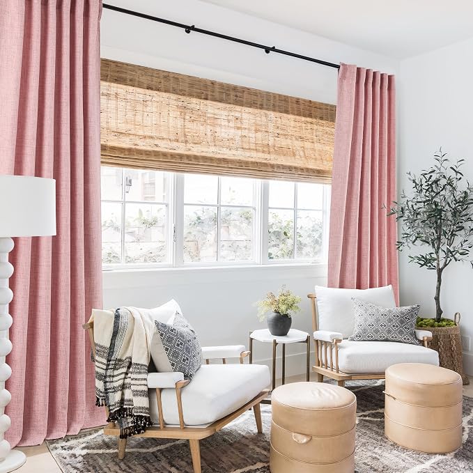 RYB HOME Living Room and Dining Room Curtains and Drapes Linen Sheer, Light Filtering Curtains 102 inches Long, Back Tab/Rod Pocket, Peach Blush, W 52 x L 102 inches, 2 Panels Set
