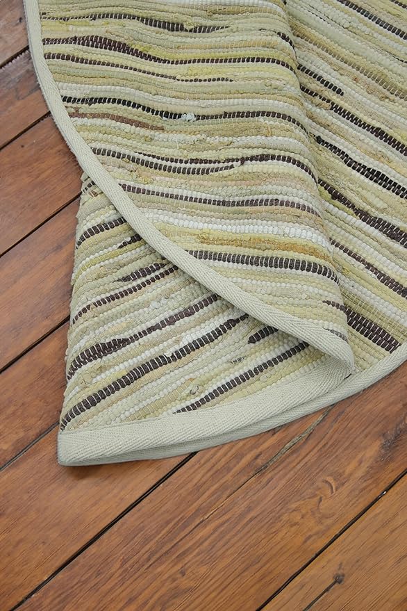 Cotton Hand Woven Chindi Area Rug 4 Feet Round - Beige, Reversible Circle Green Dinning Space Floor Rugs Ideal for Bedroom, Living Room, Kitchen | Linen Farmhouse Recycled Patio Mats for Balcony Décor