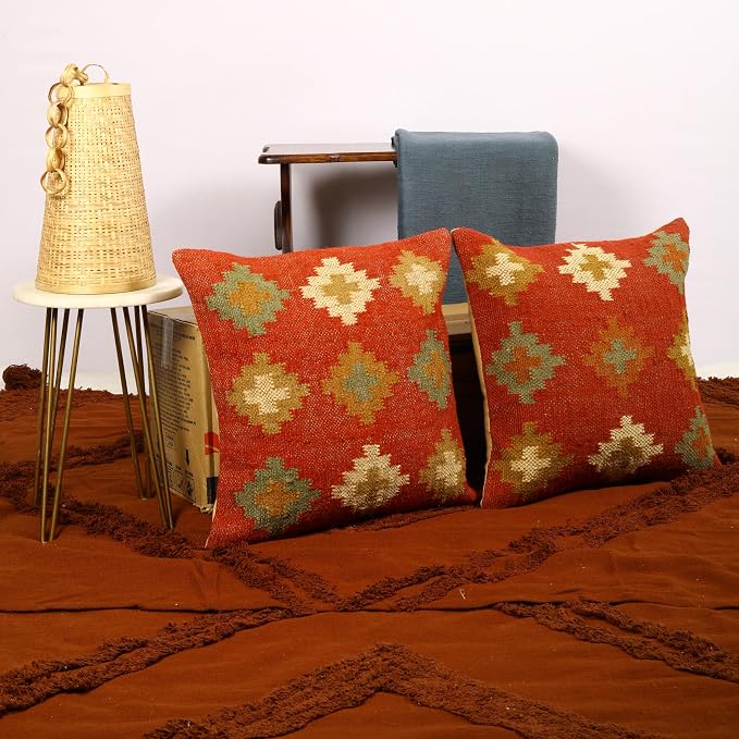 Trade Star Handwoven Pillowcase Set of 2 Throw Pillow Cover 70% Jute 30% Wool Kilim Cushion Cover Beautiful Cushion Case Decorative Authentic Pillow for Outdoor (Kilim 7)