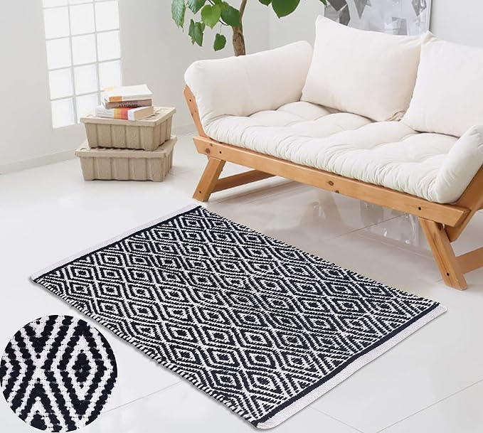 Chenille Cotton Diamond Rug 21x34 Inches - Navy, Reversible Small Soft Washable Front Door Mat Ideal for Kitchen, Entryway, Bathroom | Blue Farmhouse Boho Accent Indoor Throw Rugs for Patio
