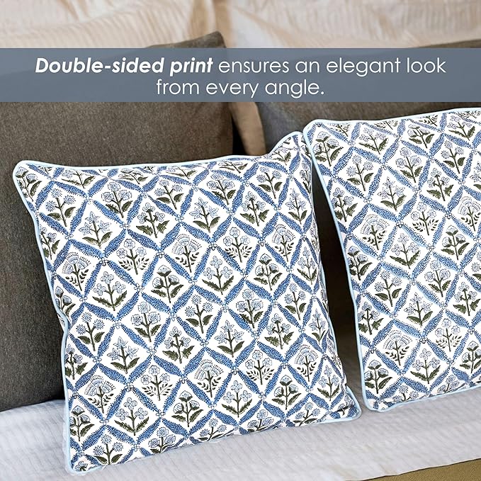 SheetKart Cotton Throw Pillow Covers - Set of 2 - Hand Block Cotton Printed Boho Decorative Pillow Covers - Cushion Covers for Living Room, Bohemian Theme, 16x16 Inches, Floral Blue