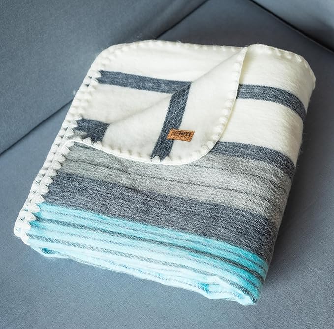 Alpaca Wool Throw Blanket | Ultra Soft, Lightweight, Warm, Breathable, Non-Itchy | Classic, Elegant-Minimalist Design for Bed, Couch, Travel, or Gift | 64" L x 45" W (Sea Tones)