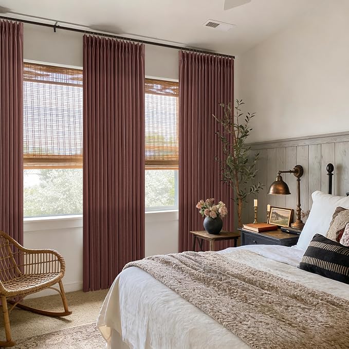 Chestnut Brown Pleated Thick Linen Curtains 108 Inches Length 2 Panels for Living Room Bedroom 9 ft Semi Sheer Privacy Country Linen Cotton Blend Window Curtain Panel Brownish Red Back Tab Drapes