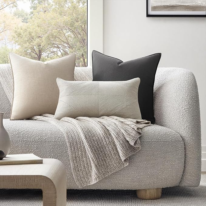 Couch Pillows Set of 4 Soft Linen Solid Lumbar Boho Cushion Cases with Flange Edge Design Mulit-Colour Pillow Covers Home Decor for Bed Balcony and Car Neutral Grey 12x20 Inch