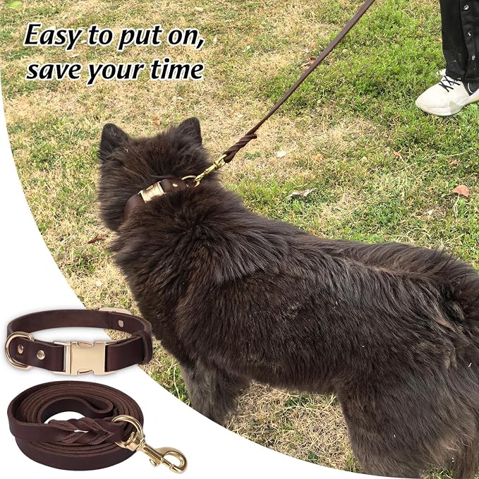 LWBMG 6FT Leather Dog Collar and Leash Set, Heavy Duty Dog Leash and Collar with Metal Buckle,Adjustable Pet Lead and Collar Set, Soft Pet Leash and Collar for Large Dogs Brown