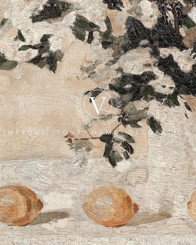 Vintage Flowers and Lemons Wall Art for Home Decor, Farmhouse Flowers and Lemons Wall Decor Canvas Artwork, Antique Muted Neutral Still Life Countryside Print Oil Painting for Bathroom, Living Room, Desktop Wall Decor - 8x10Inch Unframe
