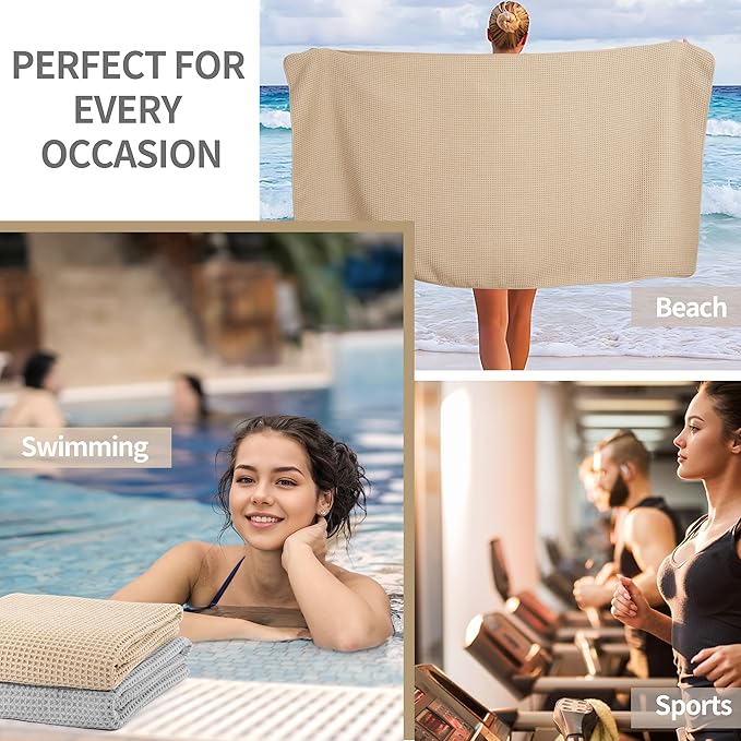 MICROFI New Microfiber Waffle Bath Towels, 2 Pieces, Soft, Absorbent, Fast Drying, Lint Free 430 GSM (Beige+Silver)
