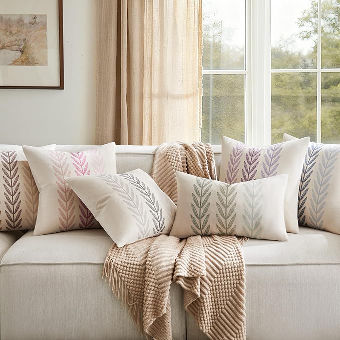 100% Cotton Farmhouse Leaves Throw Pillow Covers Set of 2, 18x18 Inch Mixed Pink Pastoral Decorative Print Cushion Covers for Sofa Bed Living Room Home Decor