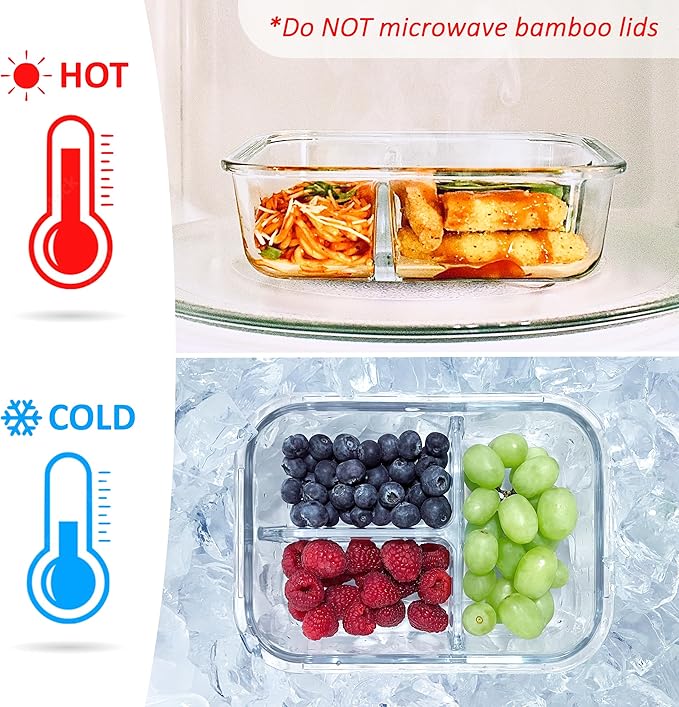 EcoPreps Large Glass Bento Box Containers with Bamboo Lids, 3 Compartment Glass Meal Prep Container Set (2 Pack, XL) - 100% Plastic Free, Eco-Friendly Lunch Containers, Bento Boxes for Adults