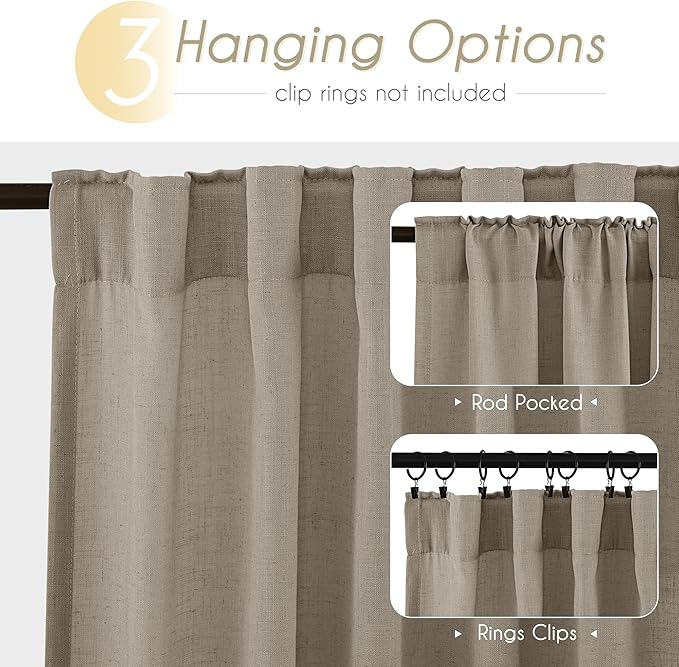 Taupe Linen Curtains 108 Inches Long for Living Room Back Tab Rustic Farmhouse Semi Sheer Light Filtering Window Curtain Dining Room Soft Thick Flax Textured Drapes Burlywood Birch Dark Brown