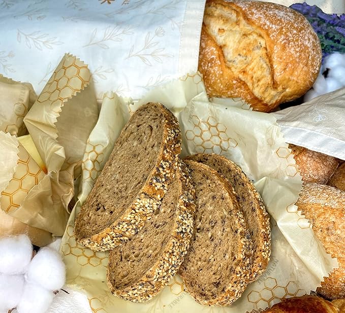 Beeswax Bread Bag for Homemade Bread & Beeswax Wrap Set, 2 XL Sourdough Bread Bags + 2 Beeswax Wraps for Food | Keep Bread Fresh, Breathable, Reusable & Less Waste Storage for Home Bakers (Beige) | Sourdough Bread Bags