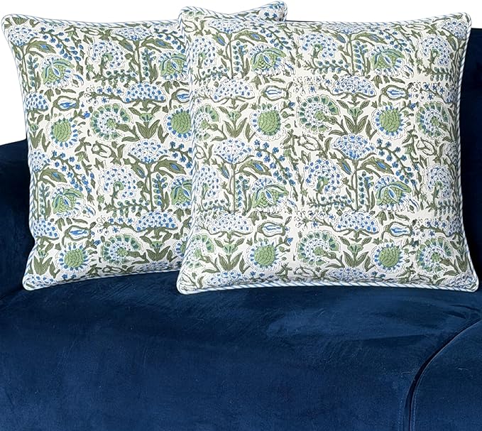 ATOSII Block Print Throw Pillow Covers, 24" X 24" - Set of 2, Decorative Couch Pillows for Living Room Bed Sofa, 100% Cotton Canvas Pillow Case for Home Decor & Outdoors, Preppy Throws - Clover Blue