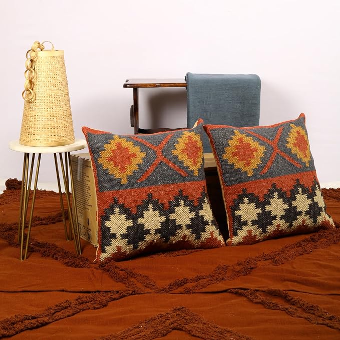 Trade Star 70% Jute 30% Wool Set of 2 Throw Pillow Covers Kilim Cushion Cover Handloomed Rug Decorative Cushion case 18x18 Inches Handwoven Pillowcase (Kilim 16)
