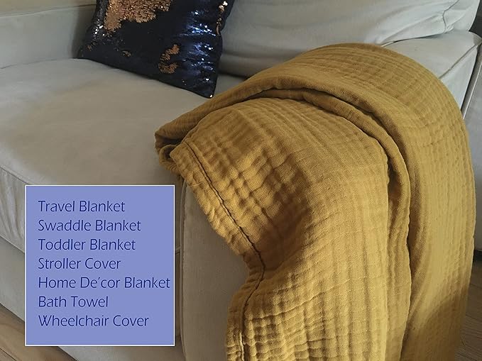 KyraHome 100% Organic Cotton Throw Blanket for Adult, Couch, 60"x80" Plant-Dyed Large Muslin Blankets, Picnic, Pre-Washed Breathable Gauze Summer Throw Blankets, All Season (Mustard Yellow)
