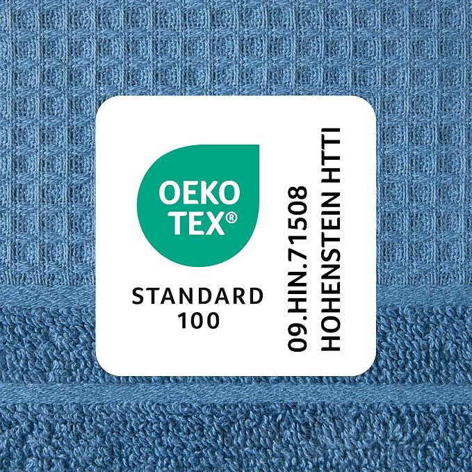 Town & Country Basics 4-Piece Waffle Woven Terry Stripe Bath Towel Set, 30x56-Inch, 100% Cotton, Quick Dry, Blue