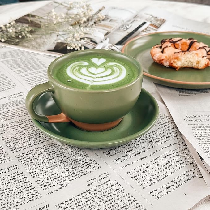 MORA Ceramic Latte Art Mug With Saucer - 10.5 oz, Round Bottom For Perfect Pours - Cafe Cups for Cappuccino, Espresso, Coffee, Tea etc - Porcelain Set for Baristas, Great Gift - Moss Green