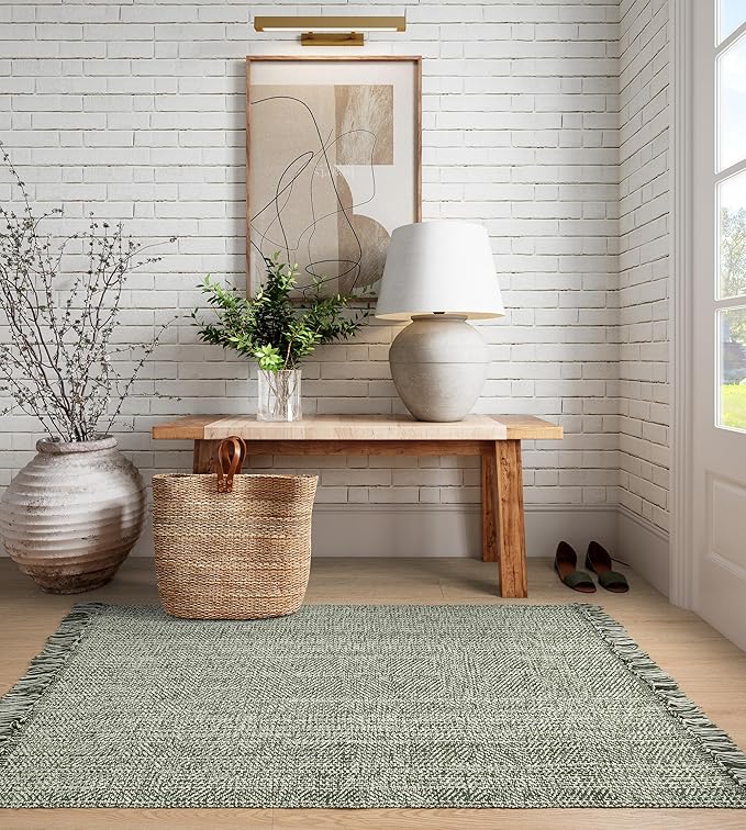 Collive Washable Area Rug 3' x 5', Modern Woven Kitchen Rugs, Olive Green/Cream Braided Cotton Rug Indoor Door Mat Throw Carpet for Entryway Living Room Nursery Mudroom Laundry Room
