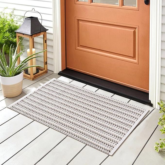 Cotton Chalk Stripe Woven Area Rug 2x3 Feet - Grey Beige, Farmhouse Soft & Durable Decorative Washable Floor Rugs Ideal for Entryway, Bedroom, Kitchen | Linen Small Nersery Space Reversible Door Mats
