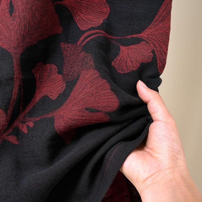 100% Cotton Gauze Ginkgo Leaf Kimono Robe, Long Knit Loose Bathrobe Nightgown Ladies Loungewear Sleepwear for Women