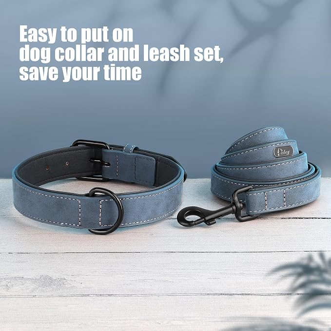 Didog Soft Padded Leather Dog Collar and Leash Set, Adjustable Dog Leash and Collar Set with Metal Buckle, Breathable Dog Collars with 4FT Faux Leather Dog Leash for Small Medium Large Dogs, Blue, XL