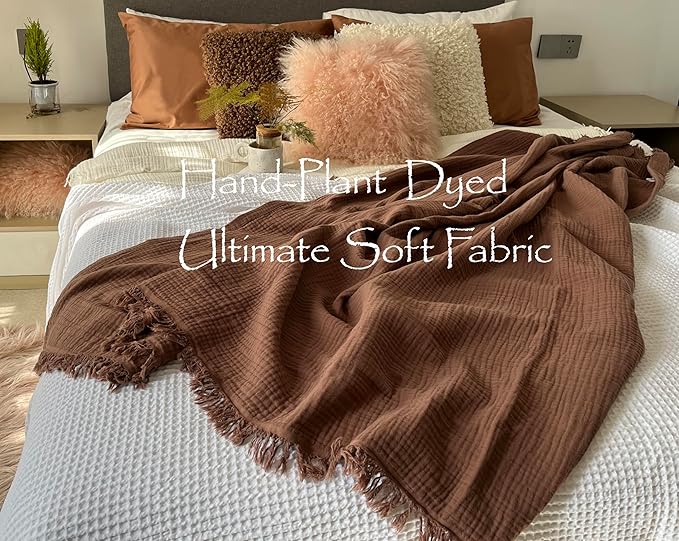 KyraHome 100% Organic Cotton Throw Blankets, 90“x90” Queen, Pre-Washed Muslin Blanket, Plant Dyed, Breathable Lightweight Gauze Summer Blankets for Adults, Bed, Couch, All Season, (Brown)