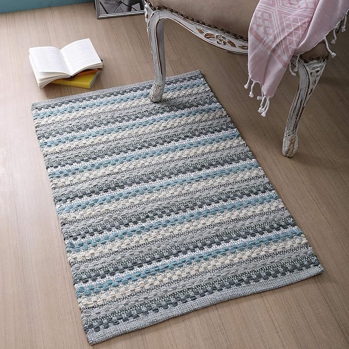 Cotton Chenille Hand Woven Area Rug 2x3 Feet - Aqua Combo, Reversible Quick Water Absorbent Accent Floor Rugs Ideal for Bathroom, Kitchen, Bedroom | Spa Blue Soft Washable Durable Mat for Home Décor