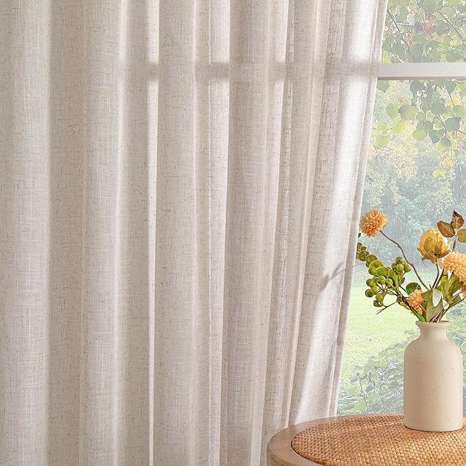 MYSKY HOME Natural Linen Curtains for Bedroom Living Room, Semi Sheer Curtains & Drapes 90 inches Length Farmhouse Country Style Back Tab Draperies for Sliding Glass Door, 100" Wide, 1 Panel
