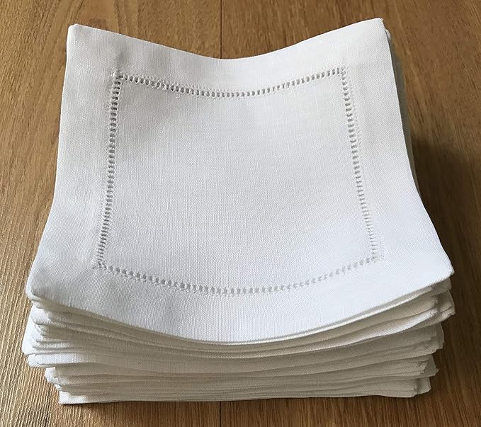 White Linen Cocktail Napkin 6"x6"-A Dozen Cloth Napkin Coasters-Ladder Hemstitch 100% Linen Beverage Party Napkin Coasters