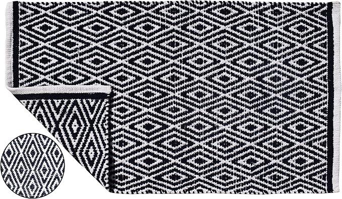 Ramanta Home 100% Cotton Diamond Handwoven Reversible Rug 21x34 Inch– Navy| Soft Washable Area Rug for Bathroom, Kitchen, Bedroom, Entryway | Durable Lightweight Handmade Accent Floor Mat | Boho Décor