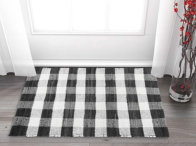 GLAMBURG Cotton Buffalo Check Plaid Rugs Washable, Handwoven Checkered Rug Welcome Door Mat 22x34 Rug for Kitchen Bathroom Outdoor Porch Laundry Living Room, Farmhouse Reversible Rag Rug Black White